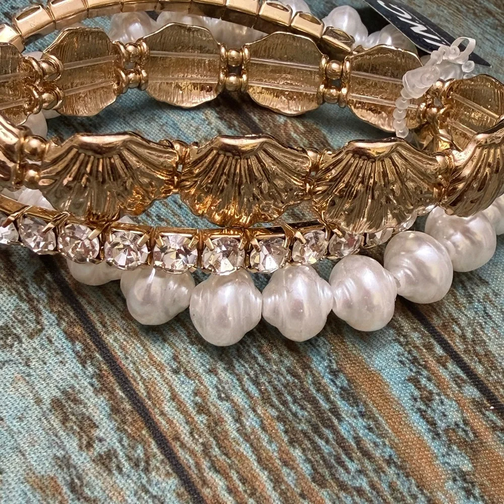 INC International Concepts Coastal Seashell White Faux Pearl Stretch Bracelets